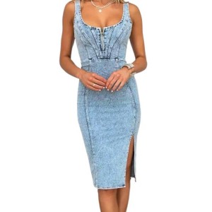 Queenspace Women's Denim Dress Sleeveless Side Slit Bodycon Midi Jean Scoop Neck Dresses