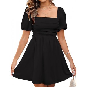 Queenspace Womens Summer Short Dress Casual Puff Sleeve Off Shoulder Sundress Wedding Guest Graduation Dresses for Women 2025