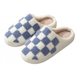 Queenspace Checkered Slippers Women Fuzzy Memory Foam Men House Slippers Trendy Checkerboard Fluffy Preppy Slippers Bedroom Closed Toe Sandals